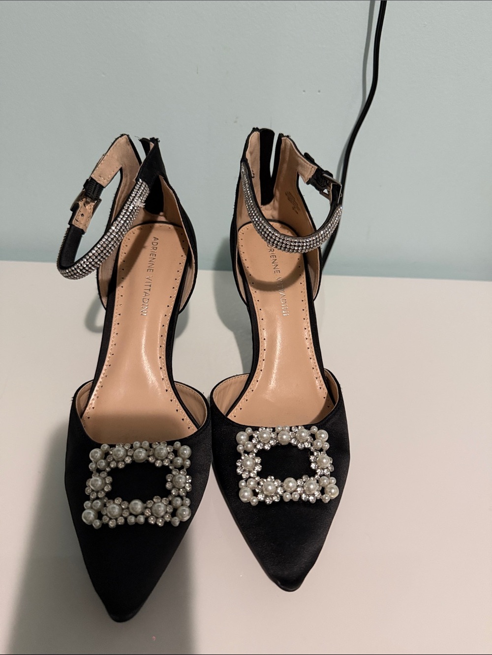 Adrienne Vittadini Black Satin Pointed Toe Heels with Pearl Buckle